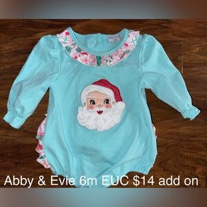 Abby & Evie Blue Santa Romper Bubble with Ruffle Bottom